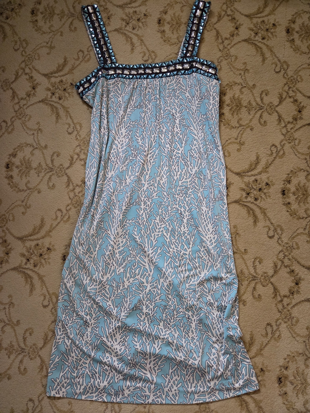 Tory Burch Light Blue and White Sleeveless Dress With Crystal Trim, Size Small
